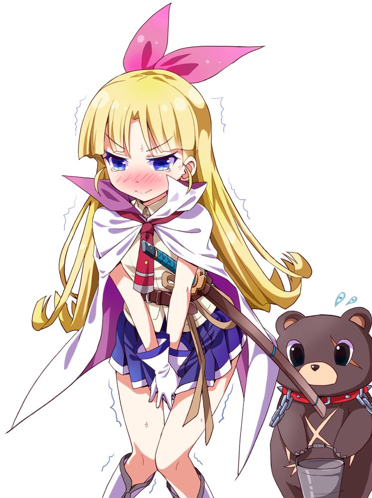 bangs bear belt between_legs black_eyes blonde_hair blue_skirt blunt_bangs blush boots bucket busou_shoujo_machiavellism cape chains collar embarrassed eyebrows_visible_through_hair female flying_sweatdrops gloves hair_ribbon hanasaka_warabi hand_between_legs hands_together have_to_pee holding knee_boots knees_together_feet_apart kyoubou long_hair miniskirt necktie nose_blush pink_ribbon pleated_skirt ratryu red_neckwear ribbon scabbard scar_over_eye sheath shiny shiny_hair shirt simple_background skirt solo_focus standing sword tears thigh_gap trembling v_arms weapon white_background white_cape white_footwear white_gloves yellow_shirt zipper_pull_tab
