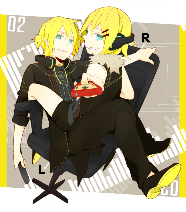 1girl al_(arupaka) aqua_eyes blonde_hair brother_and_sister chair controller famicom game_console game_controller gamepad hair_ornament hairclip headphones headphones_around_neck kagamine_len kagamine_rin remote_control rimocon_(vocaloid) short_hair siblings sitting smile twins vocaloid