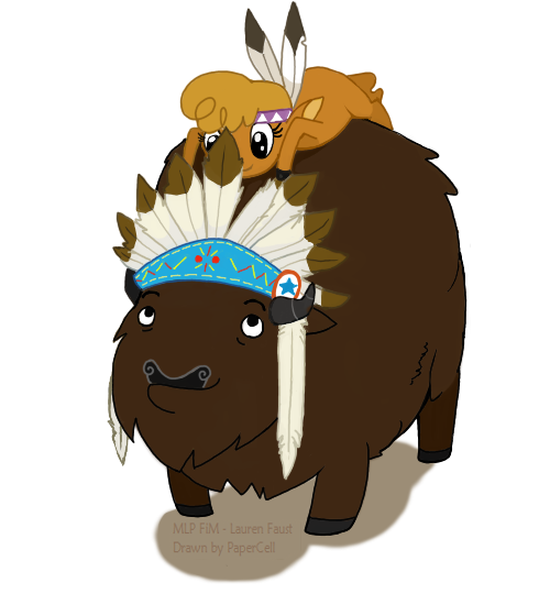 black_eyes bovine brown_fur buffalo chief_thunderhooves_(mlp) chieftain duo feathers female feral friendship_is_magic fur headdress little_strongheart_(mlp) low_res male mammal my_little_pony papercell tribal