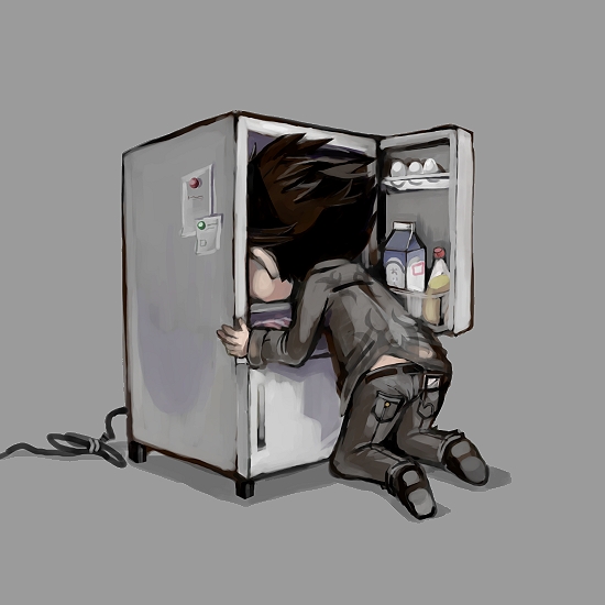 241543903 black_hair chibi egg el_shaddai eruri_(mgmn) food kneeling lucifel_(el_shaddai) male_focus mayonnaise meme milk_carton refrigerator solo