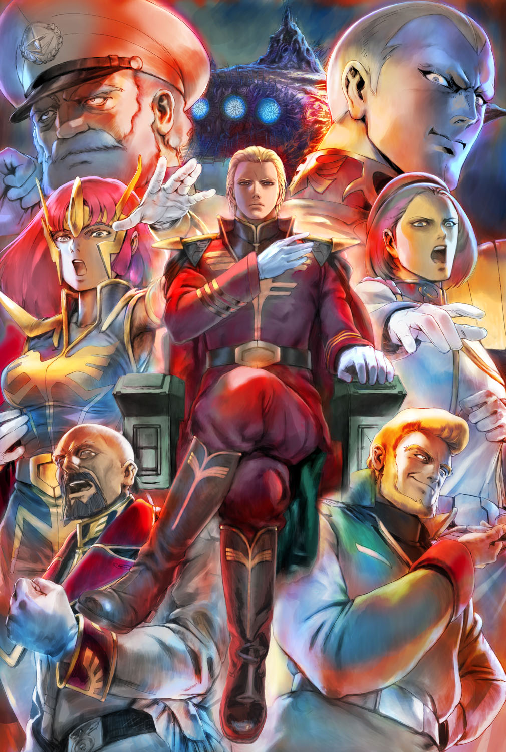 6+boys aiguille_delaz axis_(gundam) bald beard blex_forer blonde_hair boots chair char's_counterattack char_aznable evil_eyes facial_hair general_revil gihren_zabi gloves gundam gundam_0083 gundam_gihren_no_yabou gundam_zz haman_karn hat highres looking_at_viewer looking_to_the_side military military_uniform mobile_suit_gundam multiple_boys official_art paptimus_scirocco peaked_cap red_hair shoulder_pads sitting tiara uniform white_gloves yasuda_akira zeon zeta_gundam