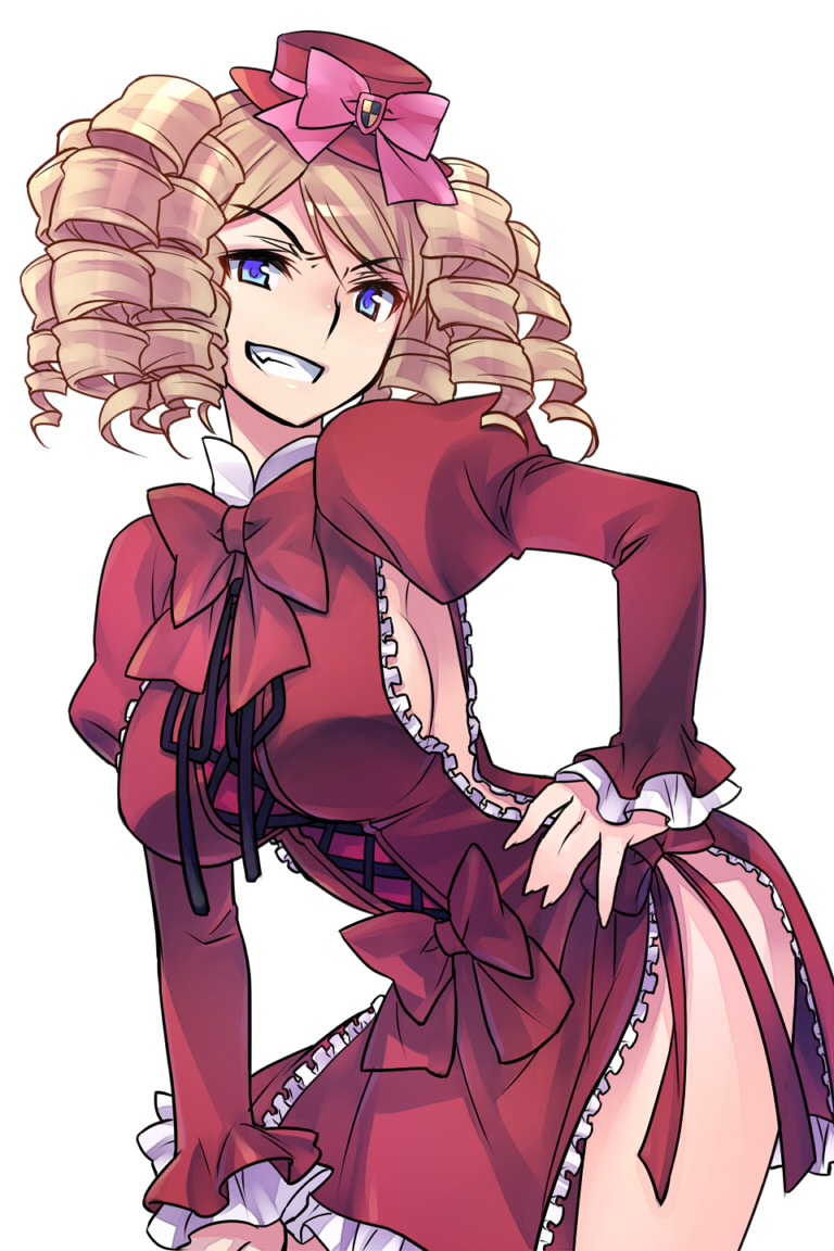 bent_over blonde_hair blue_eyes bow breasts curly_hair dress drill_hair frills gaap grin hand_on_hip hat large_breasts mini_hat mini_top_hat pink_bow side_slit sideboob smile solo top_hat umineko_no_naku_koro_ni wanko_(takohati8)