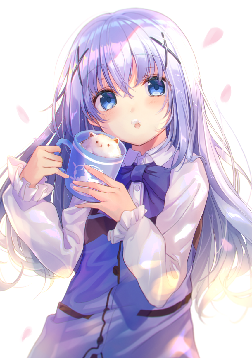 1girl :o angora_rabbit bangs blue_eyes blue_hair blue_neckwear blue_shirt blush bow bowtie bunny buttons cream cream_on_face cup eyebrows_visible_through_hair food food_on_face frilled_sleeves frills gochuumon_wa_usagi_desu_ka? hair_ornament hairclip hands_up head_tilt highres holding holding_cup kafuu_chino long_hair long_sleeves looking_at_viewer mug parted_lips petals sakura_honoka_(srhk0623) shirt sidelocks simple_background solo tareme tippy_(gochiusa) upper_body upper_teeth white_background x_hair_ornament