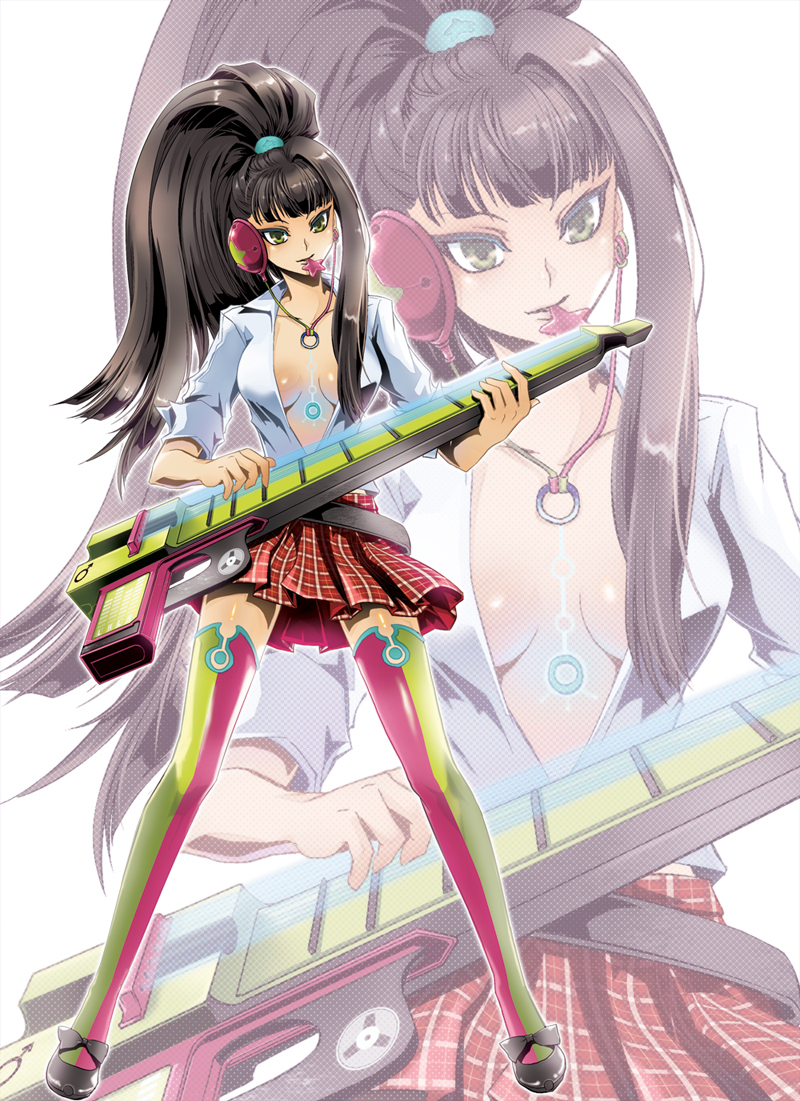 black_hair breasts cleavage green_eyes headphones instrument medium_breasts mouth_hold open_clothes open_shirt original pleated_skirt ponytail shirt skirt solo standing star thighhighs tsurime twenty zoom_layer