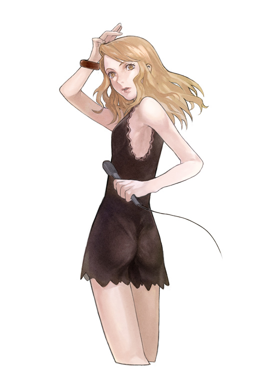 ass bad_id bad_pixiv_id bare_shoulders blonde_hair bracelet brown_eyes dress flat_ass jewelry karina_lyle long_hair microphone pikomaro simple_background sleeveless sleeveless_dress solo tiger_&amp;_bunny white_background yellow_eyes