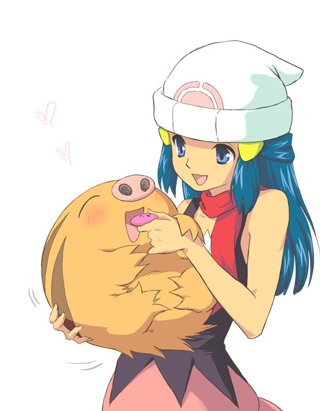 beanie blue_eyes blue_hair blush cookie feeding food fujimaru_(kinakomucch) gen_2_pokemon hat heart hikari_(pokemon) pokemon pokemon_(anime) pokemon_(creature) red_scarf scarf swinub