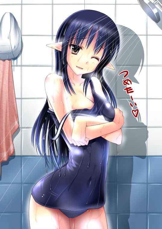 bathing black_hair brown_eyes crossed_arms elf kuurunaitsu long_hair one-piece_swimsuit one_eye_closed original pointy_ears school_swimsuit shadow shiny shiny_clothes showering solo strap_slip swim_cap swimsuit wet wet_clothes