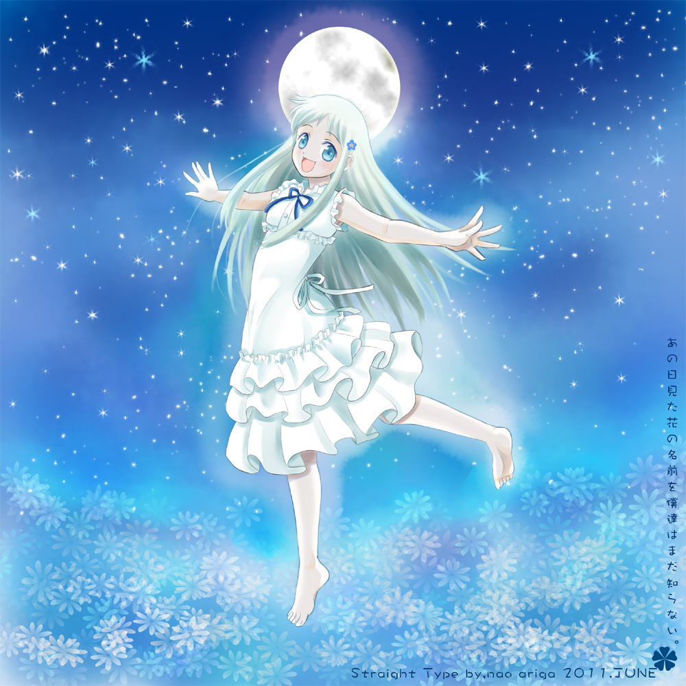 ano_hi_mita_hana_no_namae_wo_bokutachi_wa_mada_shiranai. ariga_nao barefoot blue_eyes blush dress full_moon hair_ornament hairclip honma_meiko long_hair moon open_mouth outstretched_arms silver_hair sleeveless smile solo spread_arms