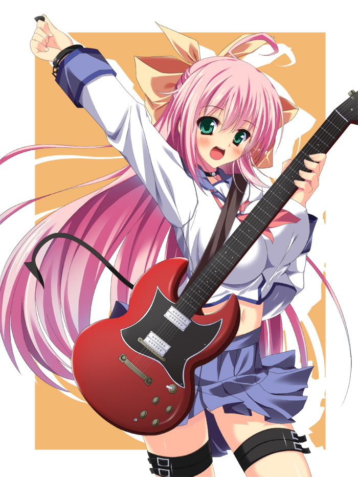 angel_beats! asa_no_ha choukaku cosplay guitar instrument koihime_musou long_hair navel pink_hair plectrum school_uniform serafuku shinda_sekai_sensen_uniform solo yui_(angel_beats!) yui_(angel_beats!)_(cosplay)