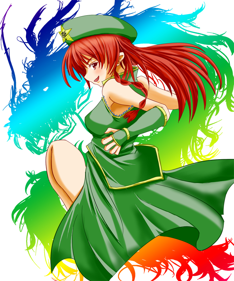 braid hong_meiling long_hair narokichi rainbow_gradient red_eyes red_hair solo touhou twin_braids