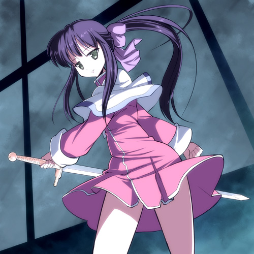 kanon kawasumi_mai long_sleeves lowres red_skirt skirt solo sword takahata_yuki weapon