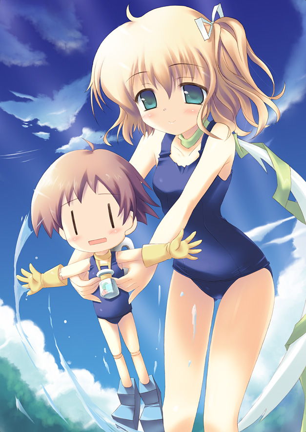 aqua_eyes belle_(katahane) blonde_hair blush brown_hair cloud coco_(katahane) day doll_joints flat_chest gloves holding katahane kouzuki_hajime leaning_forward multiple_girls one-piece_swimsuit open_mouth outdoors outstretched_arms scarf school_swimsuit short_hair side_ponytail sky smile splashing spread_arms swimsuit water |_|