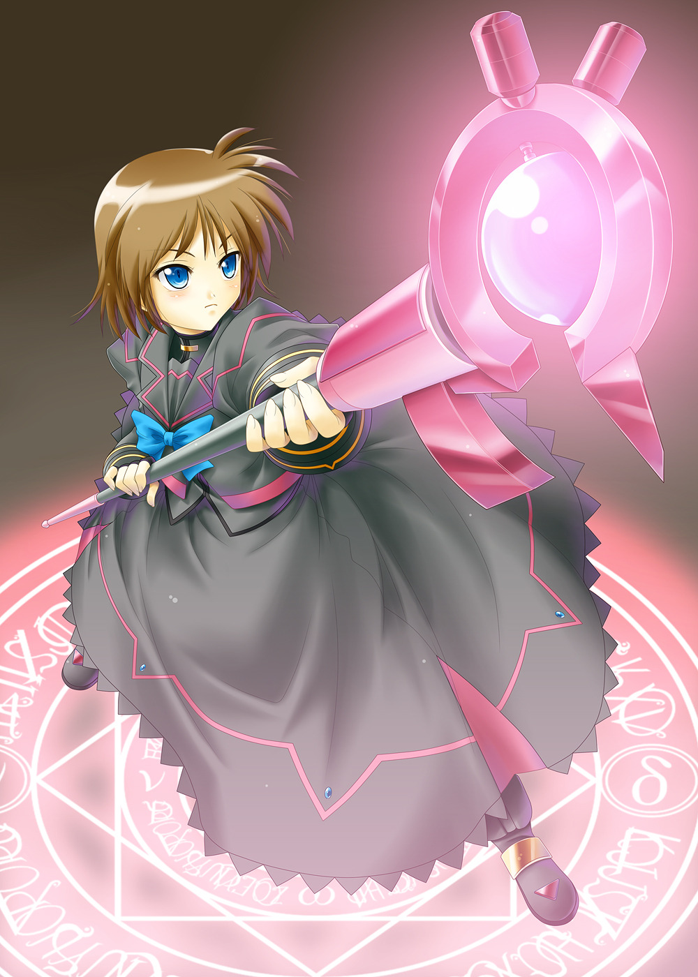 blue_eyes brown_hair fingerless_gloves gloves highres long_skirt luciferion lyrical_nanoha magazine_(weapon) magic_circle magical_girl mahou_shoujo_lyrical_nanoha mahou_shoujo_lyrical_nanoha_a's mahou_shoujo_lyrical_nanoha_a's_portable:_the_battle_of_aces material-s skirt solo