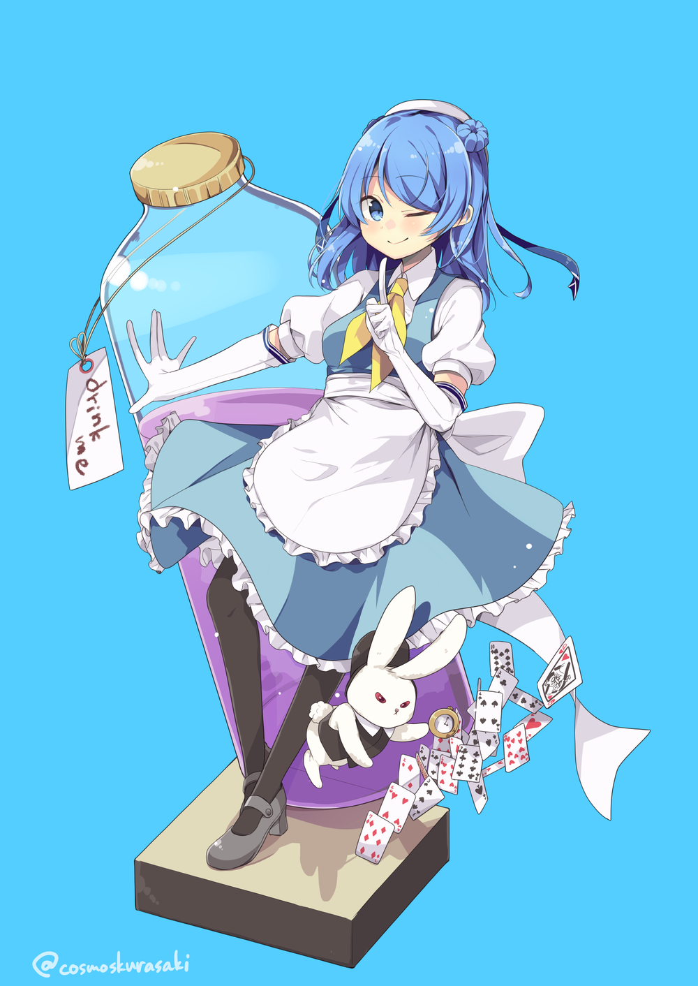 1girl alice_(wonderland) alice_(wonderland)_(cosplay) alice_in_wonderland apron black_footwear black_legwear blue_background blue_dress blue_eyes blue_hair bottle bunny card commentary_request cosplay double_bun dress elbow_gloves frilled_apron frills full_body gloves hat highres kantai_collection kurasaki_cosmos looking_at_viewer mary_janes medium_hair one_eye_closed oversized_object pantyhose playing_card sailor_hat shoes simple_background solo urakaze_(kantai_collection) waist_apron white_apron white_gloves white_headwear white_rabbit