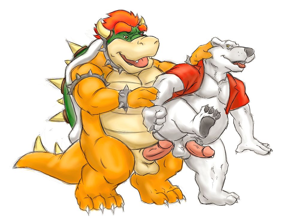 anal anal_penetration anthro bear bottomless bowser chubby clothed clothing dripping duo erection fur garrodor gay half-dressed koopa male mammal mario_bros mudwolfy muscles nintendo overweight penetration penis plain_background polar_bear precum scalie sex super_mario_bros. video_games white_background white_fur yellow_eyes