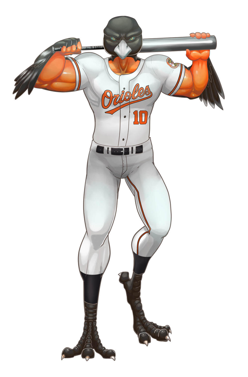 2015 4_toes 5_fingers anisodactyl anthro avian baltimore_oriole baltimore_orioles_(mlb) baseball_bat baseball_uniform beak belt biceps biped bird bird_feet black_feathers bulge claws clothed clothing collarbone countershade_arms countershade_hands countershade_torso countershading digital_drawing_(artwork) digital_media_(artwork) feathers fingerless_(marking) front_view frown full-length_portrait fully_clothed green_sclera grey_beak hi_res holding_object humanoid_hands icterid intense lazpev lighting looking_at_viewer male mascot mlb multicolored_feathers muscular muscular_male neck_muscles new_world_oriole orange_countershading orange_feathers pants pecs portrait raised_arm shadow shirt simple_background solo sportswear standing stare talons the_oriole_bird_(mascot) toe_claws toes triceps two_tone_feathers uniform white_background white_claws yellow_eyes