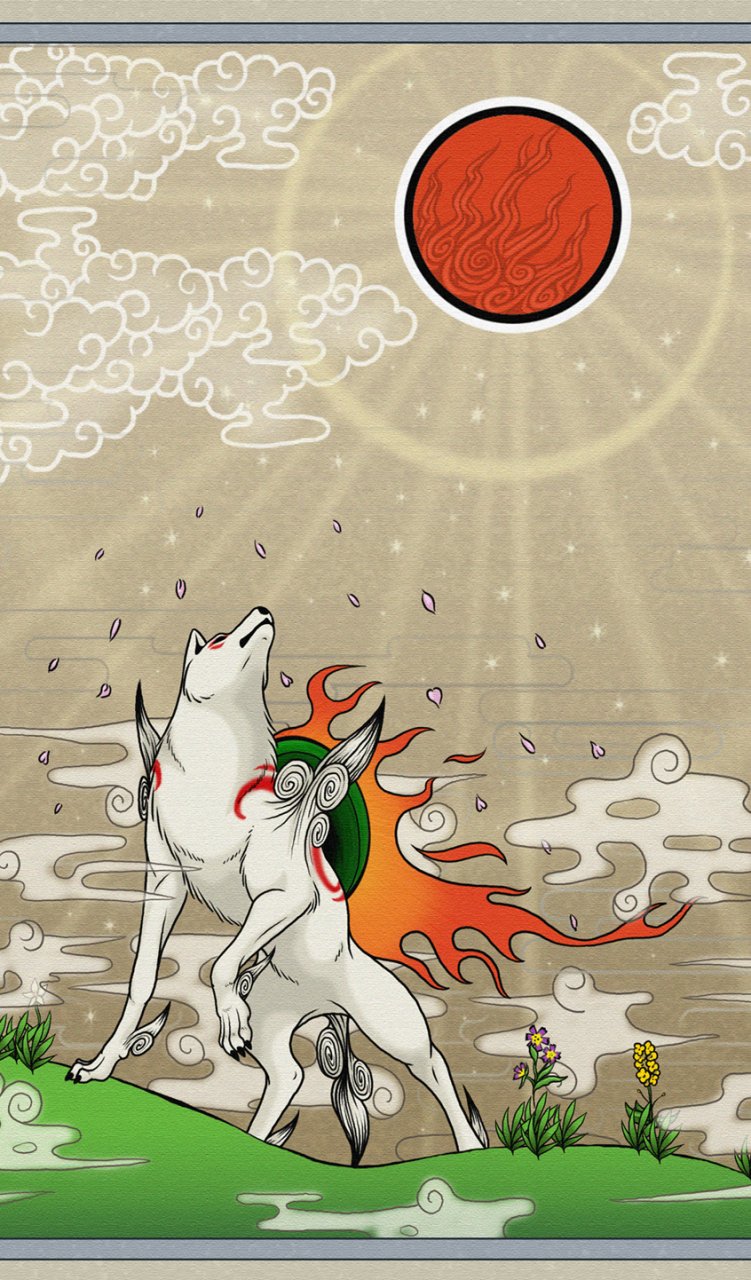 &#332;kami ?kami ambiguous_gender canine chiro_ookami deity divine_instrument female feral flower flower_petals goddess mammal mist non-anthro outside solo sun video_games weapon wolf