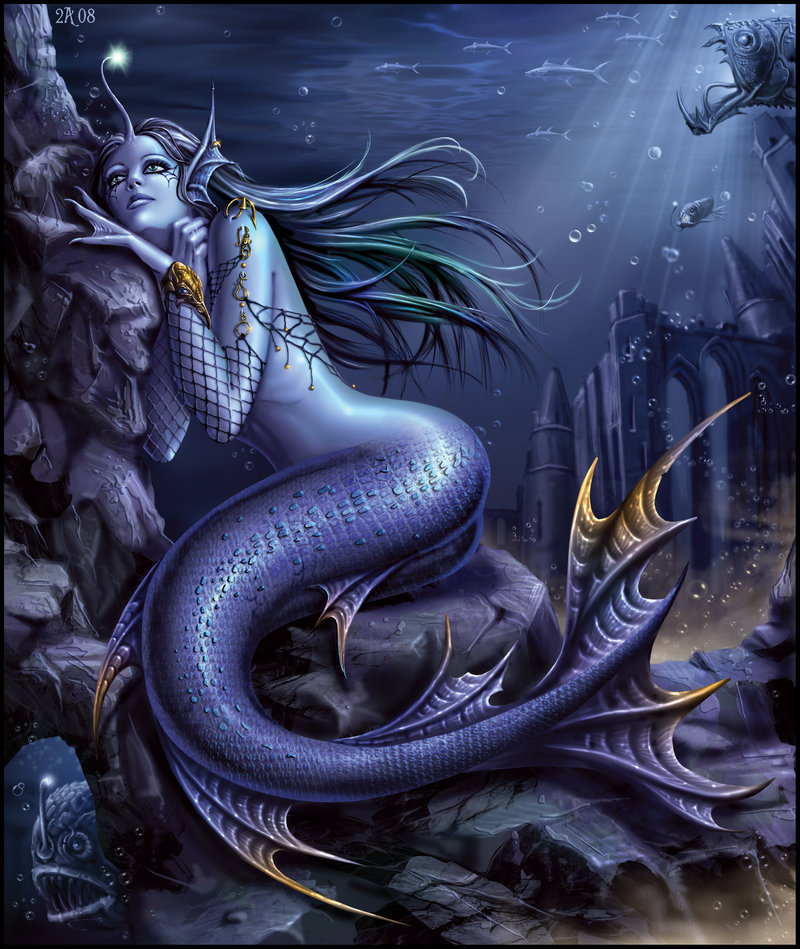 beautiful bioluminescence blue blue_eyes blue_theme bubble bubbles candra castle claws cool_colors ear_piercing earring facial_piercing female fish fish_net fish_tail fishnet glowing hindpaw jewelry lantern_fish looking_up marine maw mermaid monster monster_girl no_feet not_furry ocean open_mouth paws pierced_ears piercing rocks scales scalie scaly_tail sea solo underwater water webbed_fingers webbed_hands