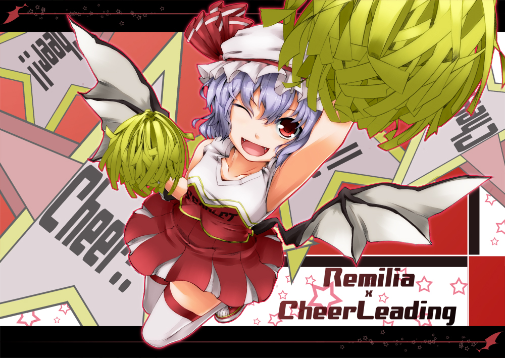 arm_up armpits bat_wings blue_hair character_name cheerleader fangs hat hullzion one_eye_closed open_mouth pom_poms red_eyes remilia_scarlet shirt short_hair skirt skirt_set smile solo thighhighs touhou white_legwear wings zettai_ryouiki