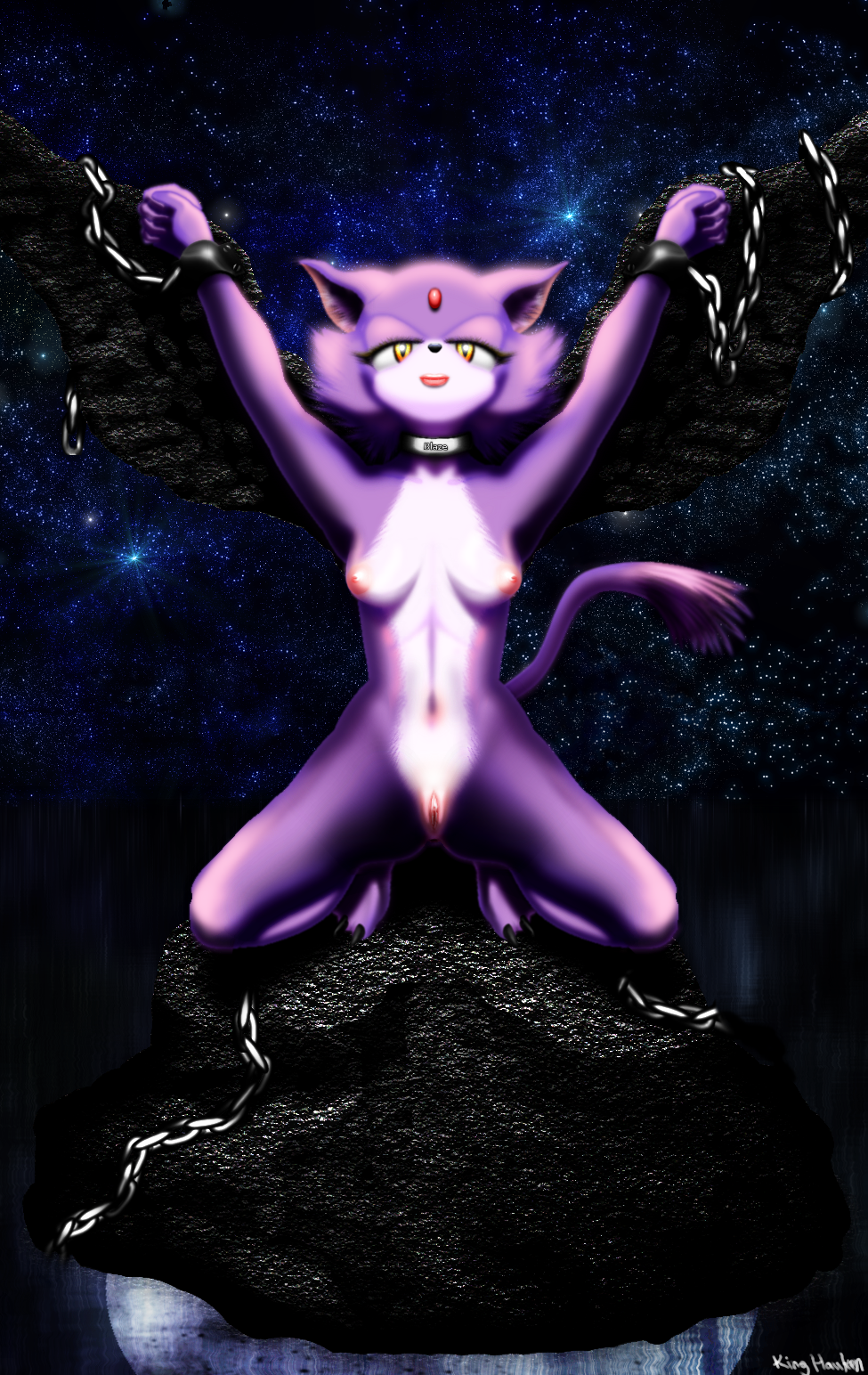 bdsm blaze_the_cat bondage bound breasts cat chain chained claws collar cuffs exposed feline female hi_res hindpaw king_hauken kinghauken legs looking_at_viewer mammal moonlight night nipples nude ocean paws pussy restrained sea sega smile solo sonic_(series) spread_legs spreading stars stone tail water