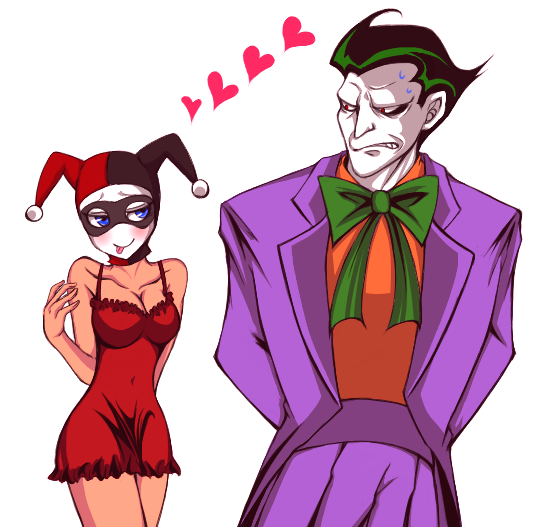 1boy 1girl :p bare_shoulders batman_(series) blue_eyes bow bow_tie bowtie breasts cleavage couple dc_comics formal green_hair harley_quinn hat heart jacket jester_cap lingerie red_eyes short_hair the_joker tongue tongue_out underwear yamaneko_tora