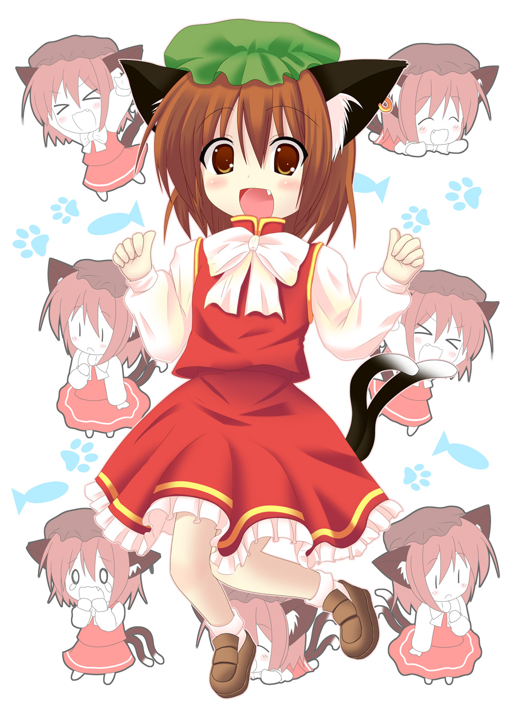 &gt;_&lt; animal_ears bad_id bad_pixiv_id brown_eyes brown_hair cat cat_ears cat_tail chen chibi closed_eyes fang happy hat highres multiple_tails pila-pela tail touhou |_|