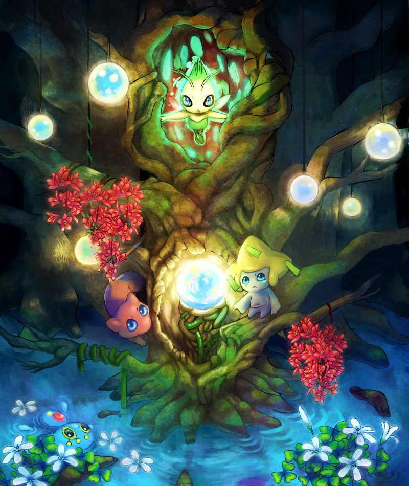 blue_eyes celebi flower jirachi lily_pad lilypad manaphy mew nature nintendo no_humans pokemon water