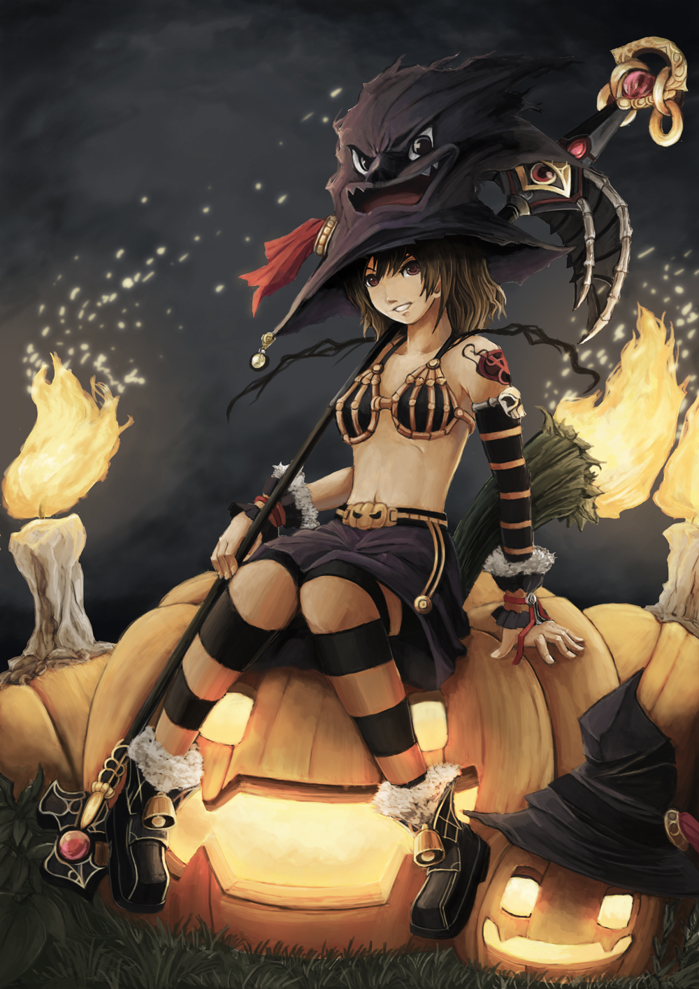 1girl artist_request brown_hair halloween hat highres jack-o'-lantern jack-o'-lantern long_hair midriff original orignal pumpkin red_eyes solo witch witch_hat