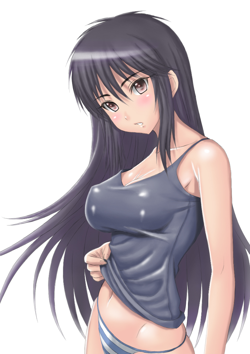 bikini black_hair blush breasts brown_eyes covered_nipples large_breasts long_hair muffin_(sirumeria) navel no_bra open_mouth panties shirt_lift solo striped striped_panties swimsuit tank_top tsuyokiss underwear upper_body yashi_nagomi