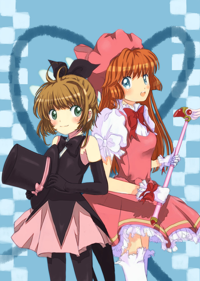 black_gloves black_legwear blue_background blue_eyes brown_hair cardcaptor_sakura cosplay costume_switch crossover dress fuuin_no_tsue glove_bow gloves green_eyes haneoka_meimi hat kaitou_saint_tail kinomoto_sakura kinomoto_sakura_(cosplay) long_hair magical_girl multiple_girls orange_hair pantyhose pink_hat saint_tail saint_tail_(cosplay) sedan short_hair thighhighs top_hat wand white_gloves white_legwear