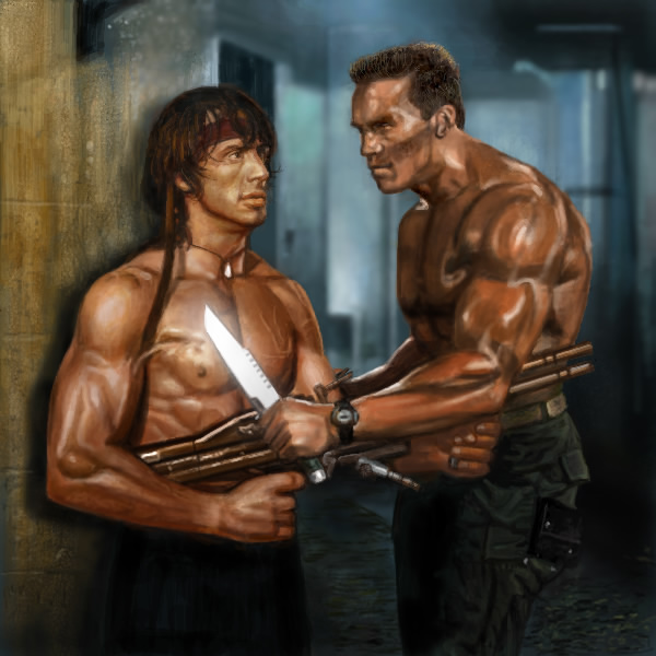 80s arnold_schwarzenegger bandana bill_rizer black_hair brown_hair commando_(movie) contra crossover epic gun hokkaido_(artist) imminent_rape knife lance_bean lips long_hair m60 machine_gun male_focus manly multiple_boys muscle oldschool parody rambo realistic sylvester_stallone weapon