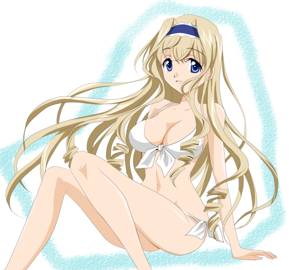 :o arm_support bikini blonde_hair blue_eyes blue_hairband breasts cecilia_alcott cleavage drill_hair front-tie_top hairband infinite_stratos large_breasts long_hair long_legs side-tie_bikini sinko sitting solo swimsuit