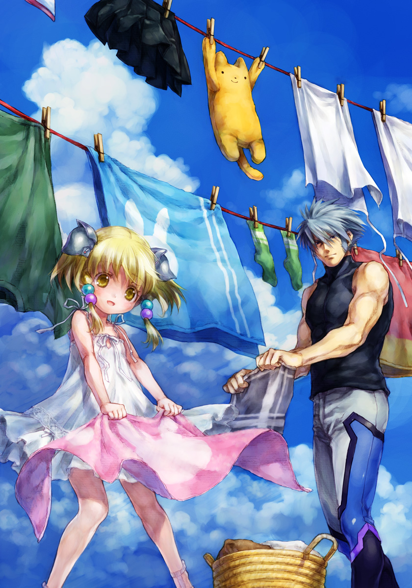 1girl :d bare_arms bare_shoulders basket black_shirt black_skirt blanket blonde_hair blue_sky blush child closed_mouth cloud commentary_request day dress green_legwear green_shirt grey_hair grey_pants hair_ornament highres holding irui_guneden laundry long_hair looking_at_viewer muscle nakamura_kanko open_mouth outdoors pants pleated_skirt sanger_zonvolt shirt short_sleeves short_twintails silver_hair skirt sky sleeveless sleeveless_dress sleeveless_shirt smile socks stuffed_animal stuffed_cat stuffed_toy sundress super_robot_wars twintails white_dress yellow_eyes