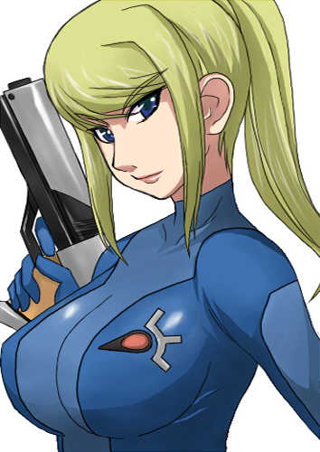 blonde_hair blue_eyes breasts gun holding lowres metroid nintendo otogi_tetsurou samus_aran skin_tight solo weapon zero_suit