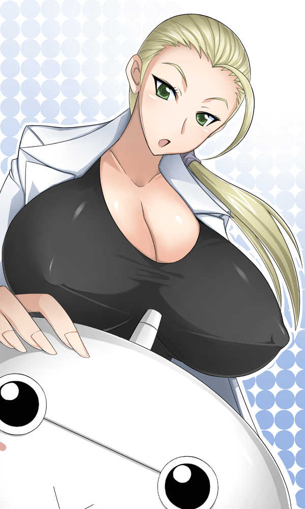 1girl ahoge blonde_hair blush blush_stickers breasts cleavage dutch_angle erect_nipples green_eyes hand_on_another's_head hasunuma_riko highres huge_breasts labcoat long_hair looking_at_viewer open_mouth otogi_tetsurou ponytail robot simple_background smile solo terao terao_(character)