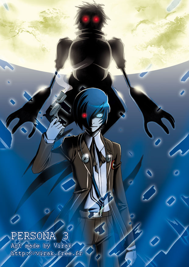 blue_hair digital_media_player full_moon gun headphones male_focus moon orpheus persona persona_3 weapon yuuki_makoto