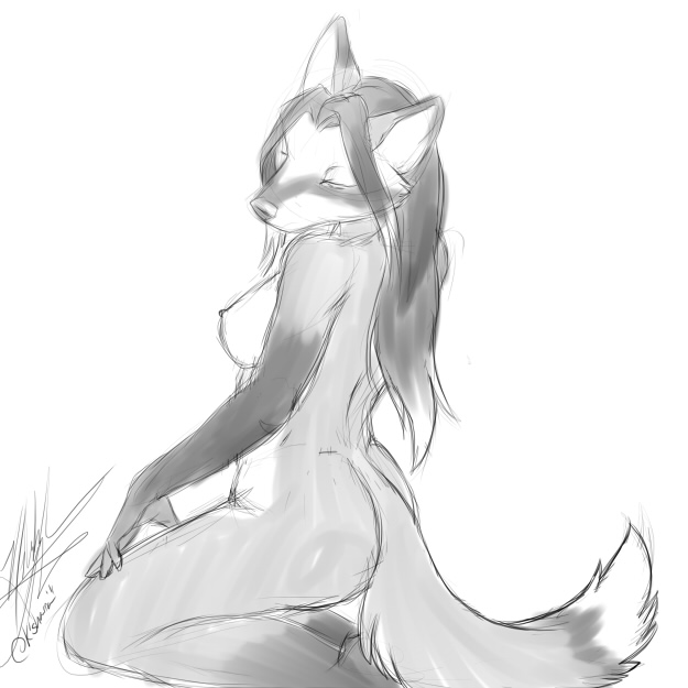 breasts butt canine eyes_closed female fox k'sharra ksharra mammal nipples nude pinup plain_background pose raishi sketch solo tasteful white_background