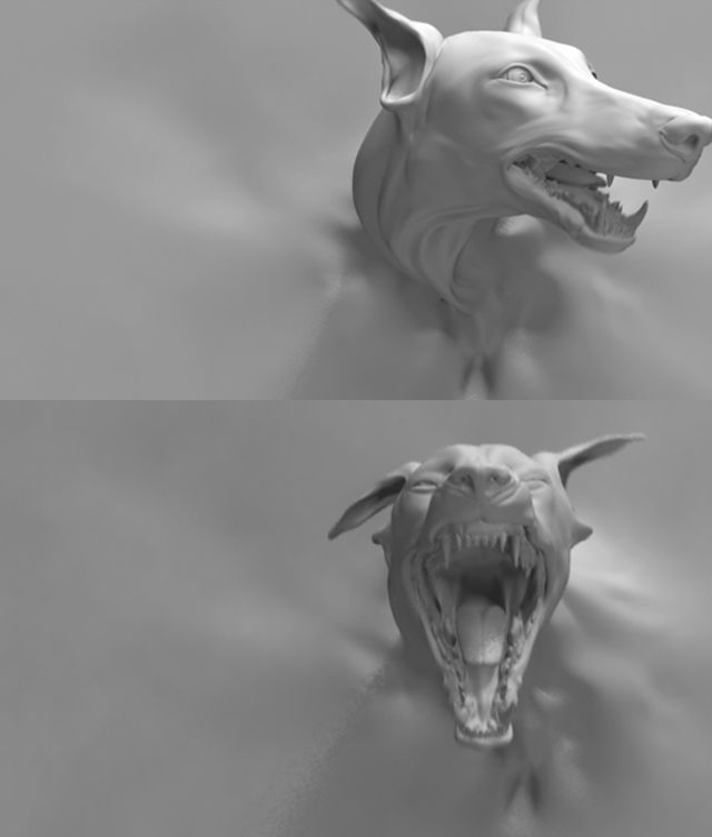 3d animal dog fangs head looking_at_viewer maw monochrome no_humans okapi open_mouth pixiv1297272