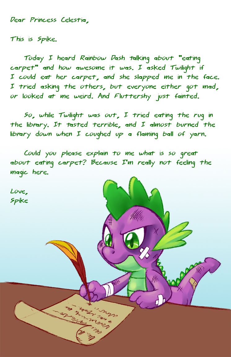 band_aid bandage dragon english_text feather friendship_is_magic green_eyes hasbro lapinbeau letter male my_little_pony na&#239;ve quill scalie solo spike_(mlp) text wounded writing