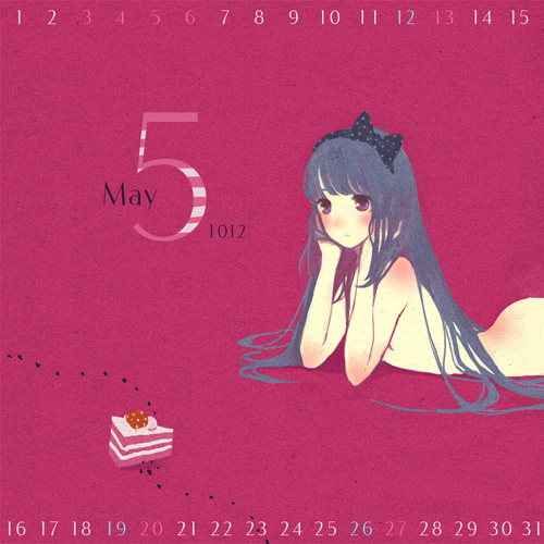 2012 ant ass bad_id bad_pixiv_id bangs blue_hair blunt_bangs blush body_blush bow bug cake calendar_(medium) chin_rest flat_chest food fruit hair_bow hairband insect long_hair looking_at_viewer looking_back lowres lying may nude on_stomach original polka_dot profile purple_eyes red_background simple_background solo strawberry suzushiro_sayu upper_body very_long_hair