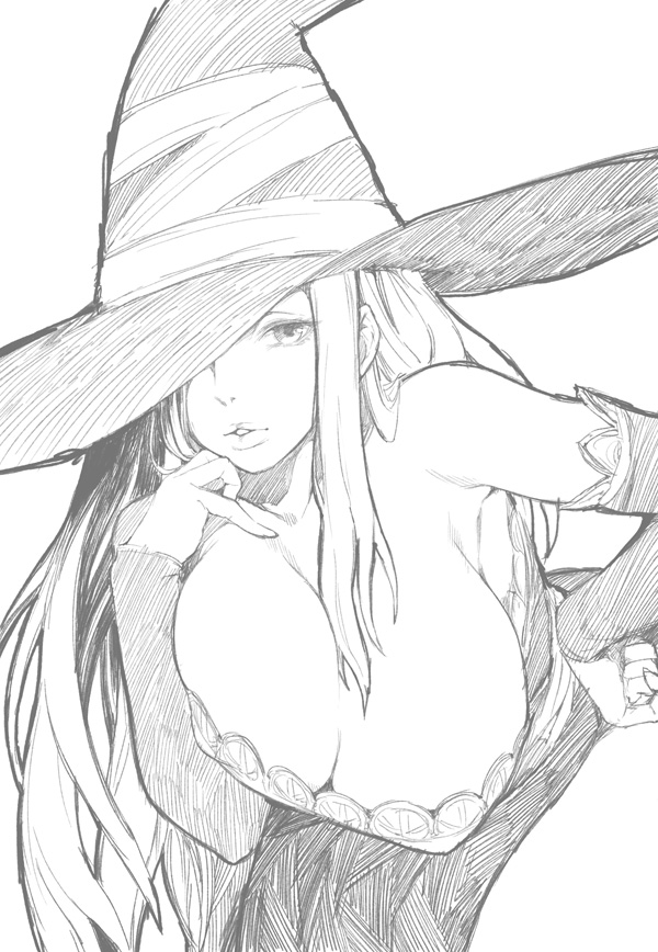 bare_shoulders breasts cleavage detached_sleeves dragon's_crown greyscale hand_on_hip hat hat_over_one_eye huge_breasts kimura_daisuke leaning_forward long_hair monochrome sketch solo sorceress_(dragon's_crown) witch_hat