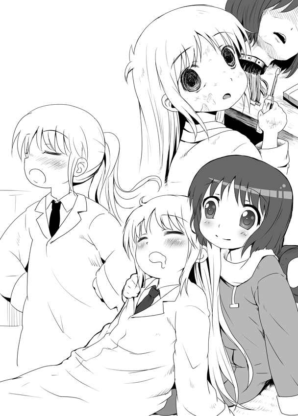 :o bad_id bad_pixiv_id broiler closed_eyes drooling greyscale labcoat long_hair monochrome multiple_girls nichijou ponytail professor_shinonome shinonome_nano short_hair smile winding_key