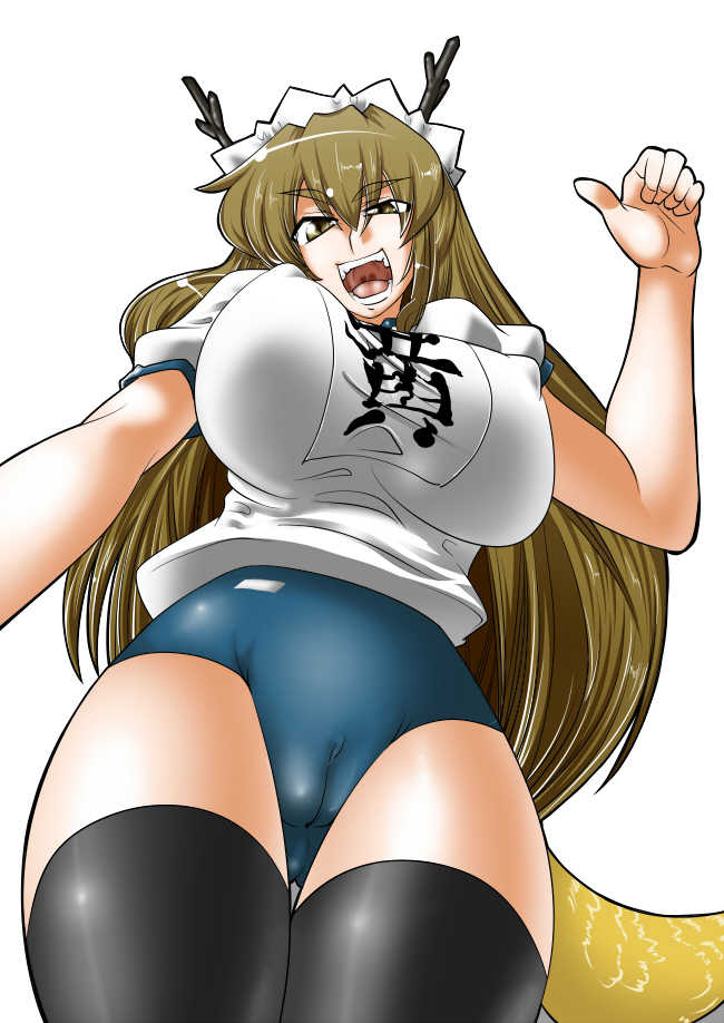 angry animal_tail antlers breasts brown_eyes brown_hair buruma cameltoe erect_nipples gym_outfit gym_uniform headdress hips large_breasts long_hair open_mouth shisoworld solo tail thighhighs