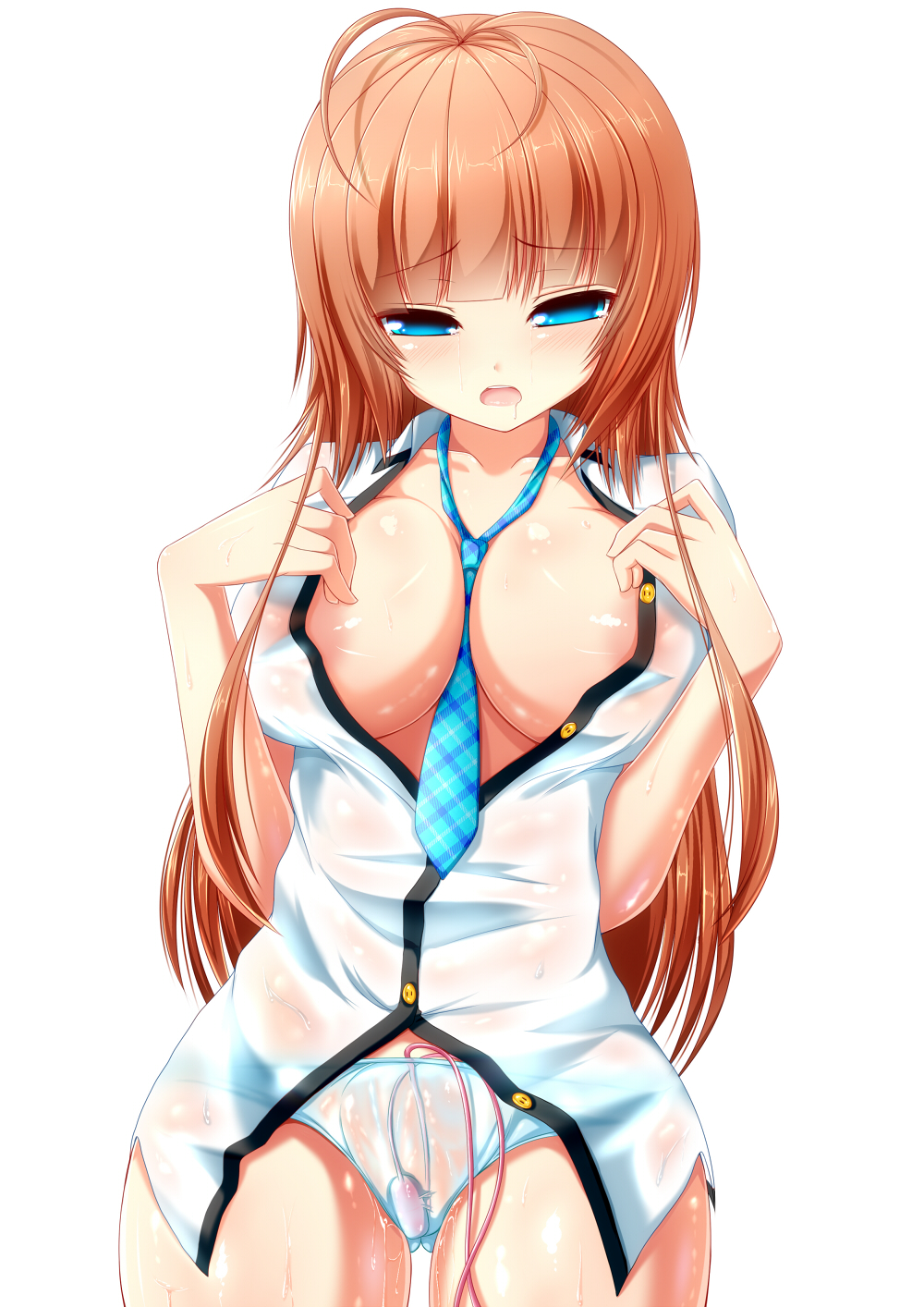 antenna_hair aqua_neckwear areolae between_breasts blue_eyes blush breasts collarbone collared_shirt commentary_request cowboy_shot drooling furrowed_eyebrows half-closed_eyes highres large_breasts long_hair necktie necktie_between_breasts no_bra open_mouth orange_hair original panties plaid_neckwear pussy_juice pussy_juice_drip_through_clothes pussy_juice_stain see-through shiny shiny_skin shirt simple_background solo syroh tears thigh_gap unbuttoned unbuttoned_shirt underwear very_long_hair vibrator vibrator_under_clothes vibrator_under_panties wet wet_clothes wet_panties wet_shirt white_background white_shirt wide_hips wing_collar