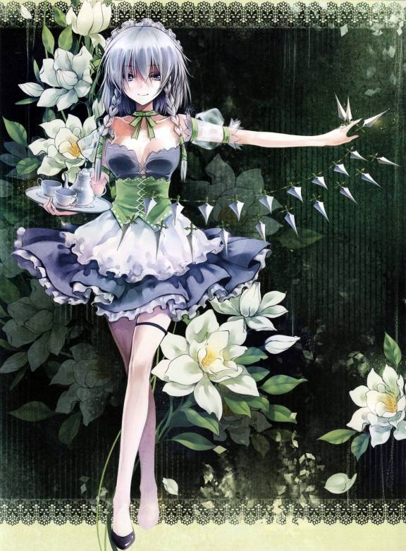 alternate_costume alternate_hairstyle artist_request between_fingers blue_eyes braid breasts cleavage corset crossed_legs cup flower hair_ribbon izayoi_sakuya jpeg_artifacts knife legs maid maid_headdress medium_breasts outstretched_arm ribbon shoes short_hair silver_hair skirt smile solo standing tea teacup teapot thigh_strap too_many too_many_knives touhou tray watson_cross
