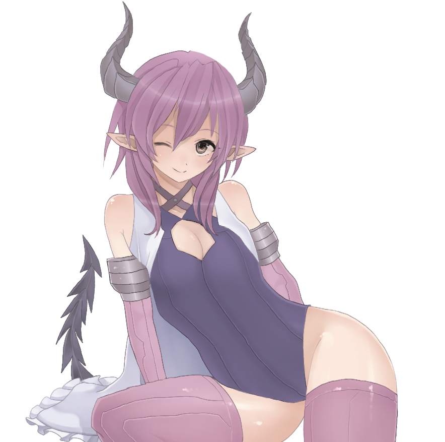 brown_eyes cleavage_cutout demon_girl elbow_gloves gloves horns monorino one_eye_closed original pointy_ears purple_hair solo tail thighhighs
