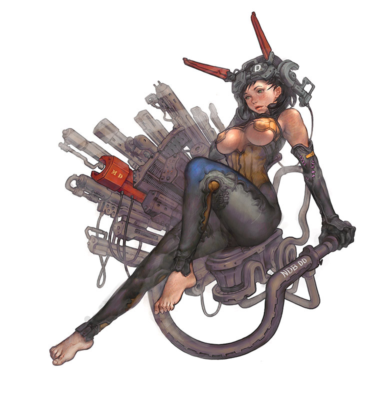 bad_id bad_pixiv_id barefoot black_hair breasts elbow_gloves engine feet full_body gloves hand_to_head headgear kilart large_breasts mechanical medium_breasts original simple_background sitting solo underboob white_background