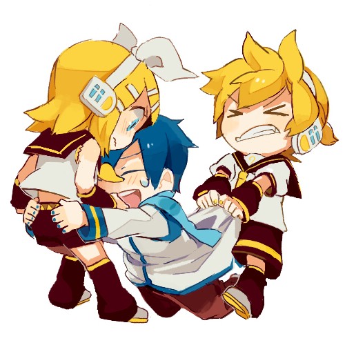 2boys 8'108 blonde_hair blue_hair blush chibi grabbing headphones hug kagamine_len kagamine_rin kaito lowres multiple_boys short_hair simple_background tears vocaloid