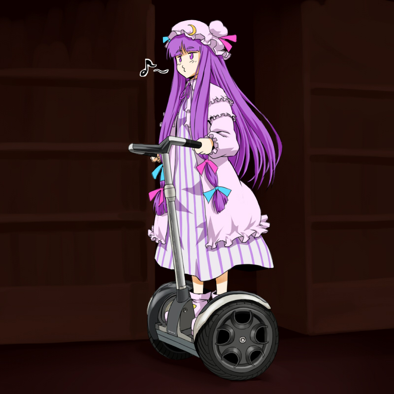bookshelf bow crescent dress hair_bow hat hop-step-jump long_hair musical_note o3o patchouli_knowledge purple_eyes purple_hair riding segway solo touhou whistling