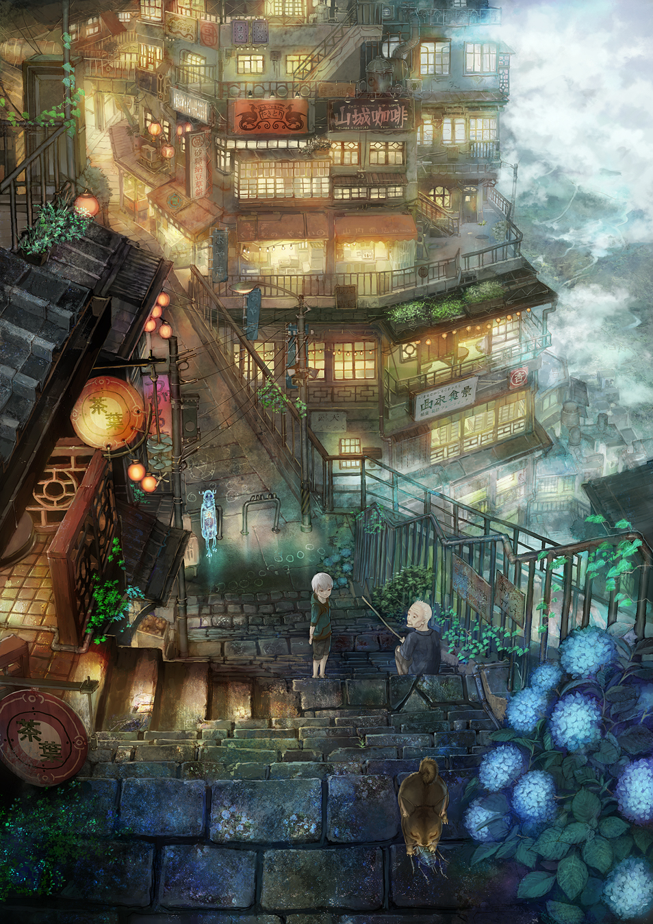 architecture bug building cat city cityscape east_asian_architecture flower highres hydrangea insect jiufen lantern male_focus multiple_boys munashichi original scenery taiwan